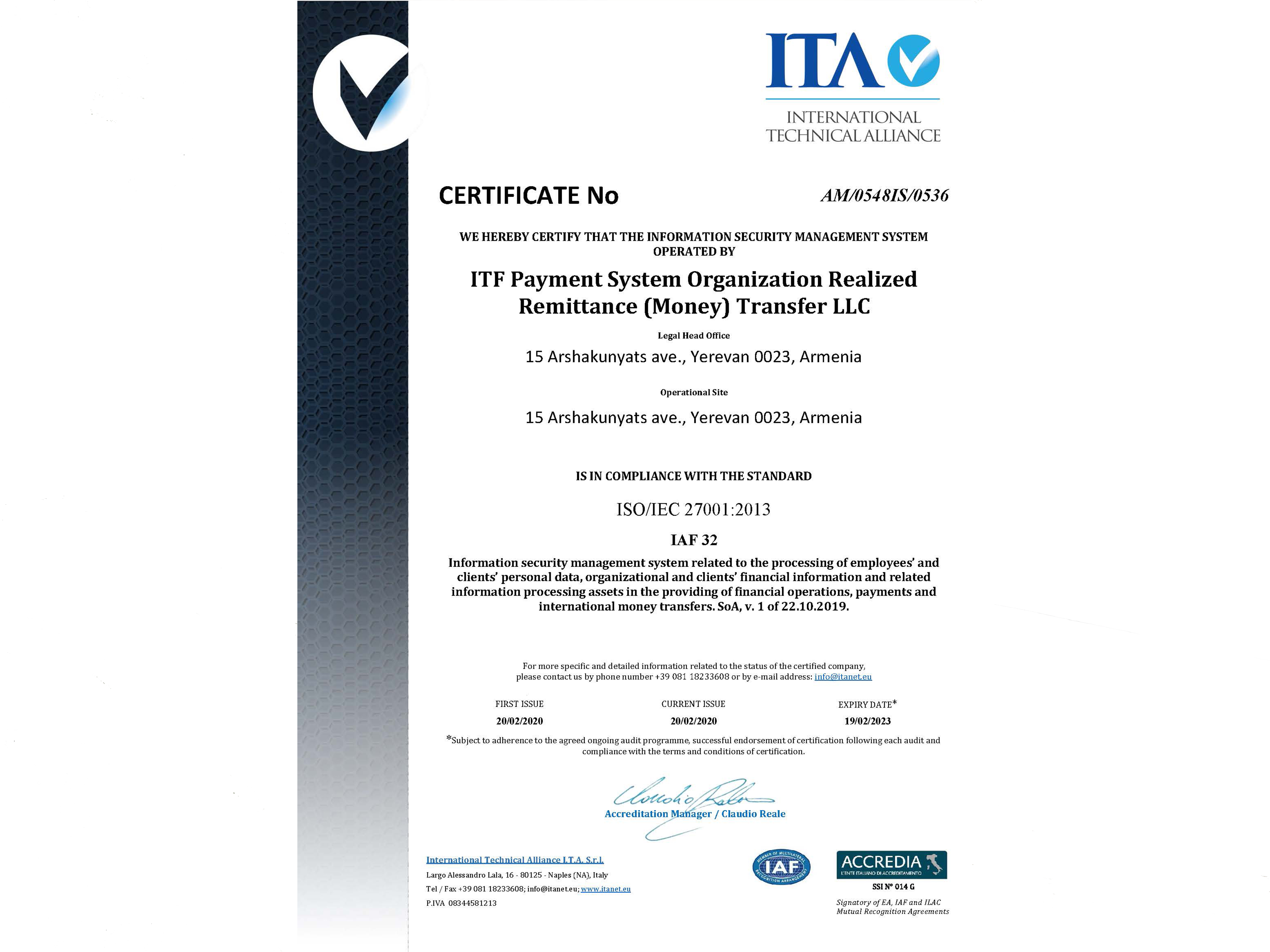 «ԱՅԹԻԷՖ» ՍՊԸ - ն ստացել է տեղեկատվական անվտանգության կառավարման համակարգի ISO 27001:2013 միջազգային սերտիֆիկատ